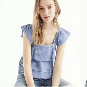 J. Crew Blue Pleated Ruffled Tiered Top